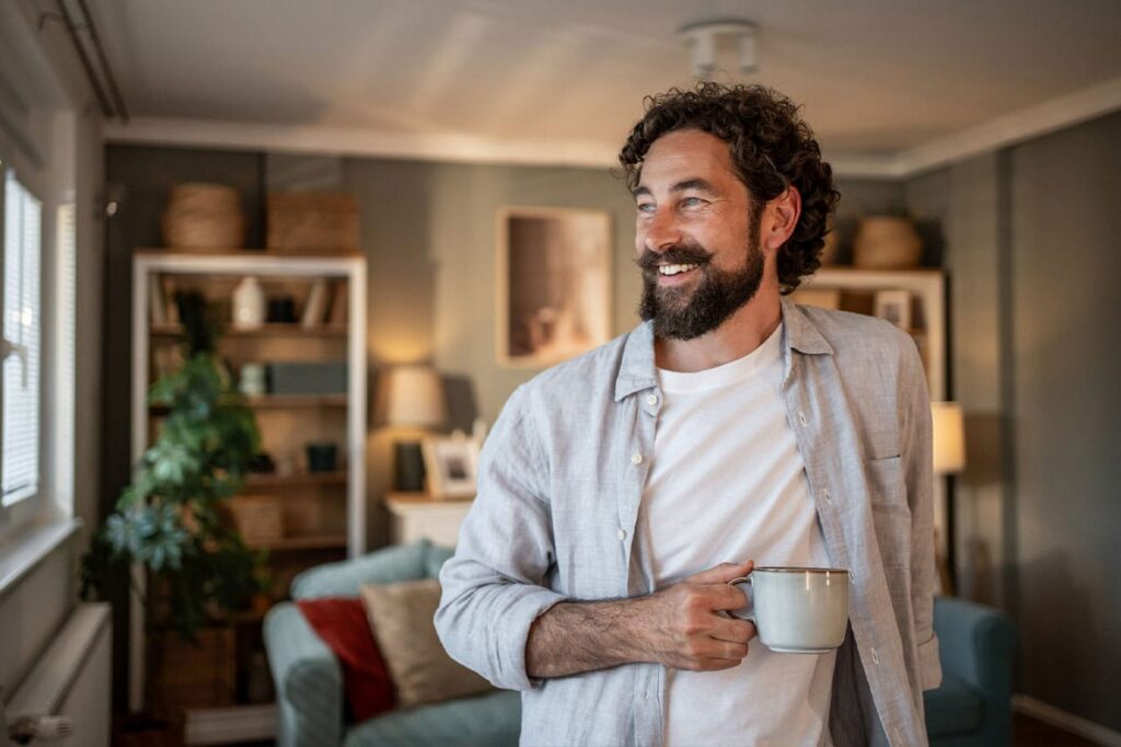 man smiling and drinking coffee after starting testosterone pellets